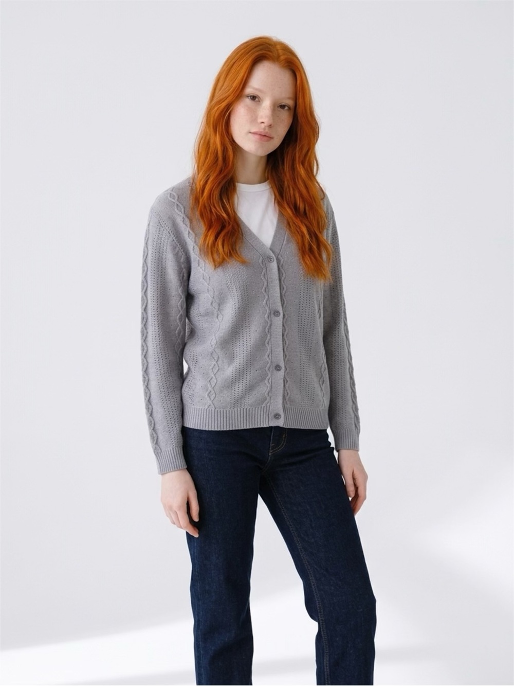 Lands' End Cable V-Neck Button Cardigan